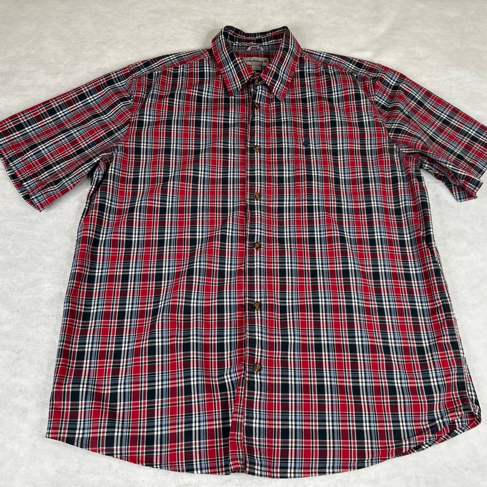 Carhartt Shirt Mens XL Red Navy Plaid Woven Relaxed Fit Button-Down Short Sleeve